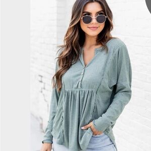 Pink Lily Green Mandarin Collar Blouse with Long Sleeves